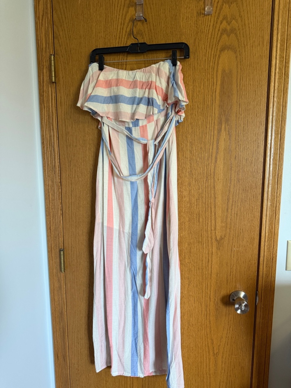 Pink Lily Strapless Maxi Dress in Pastel Pink, Blue, Cream Stripes